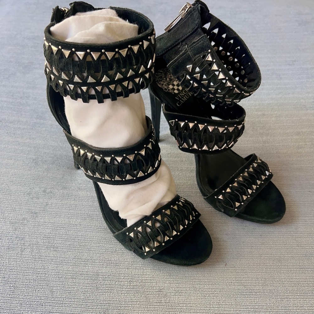 Vince Camuto Black Suede Studded Heels Size 6.5 - Picture 3 of 7